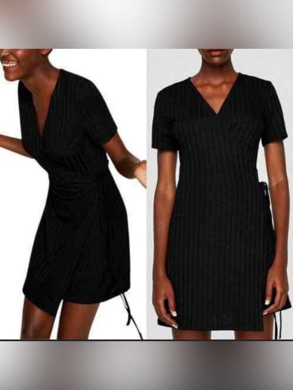 Zara Black Wrap-Style Ribbed Knit Dress